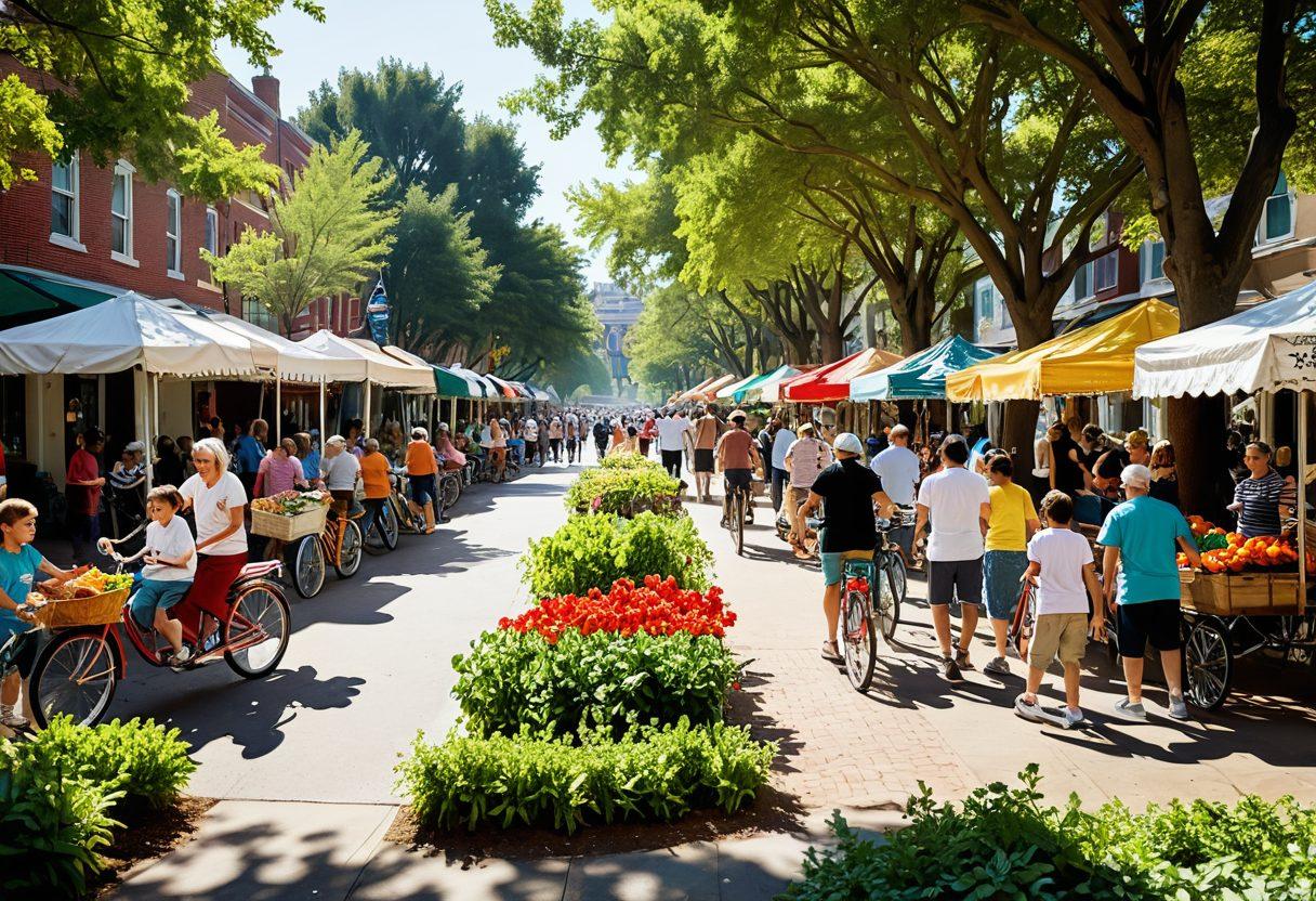 A vibrant neighborhood scene filled with diverse residents engaging in various community activities like gardening, street performances, and local markets. Include cheerful banners, bicycles, and a park with children playing. Sunlight filtering through the trees, creating a warm and inviting atmosphere, showcasing a sense of unity and connection among the community members. super-realistic. vibrant colors. 3D.