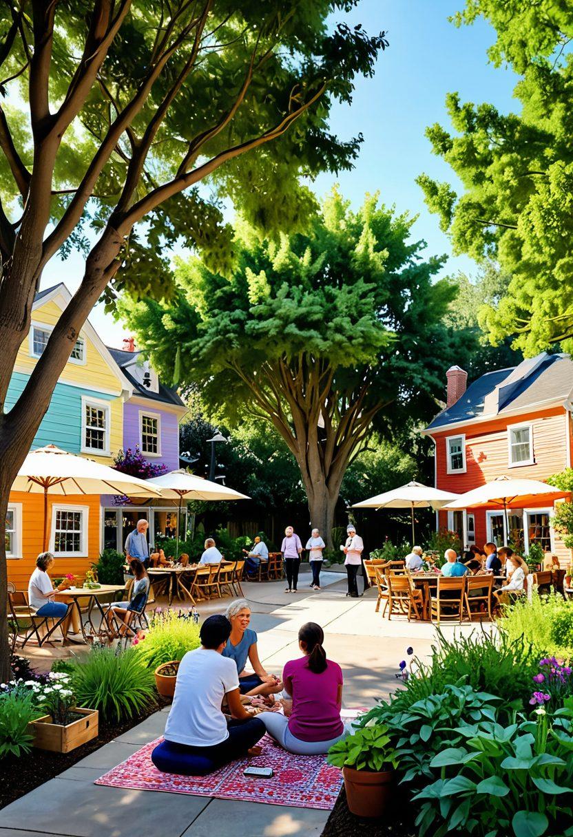 A cozy neighborhood scene featuring a diverse group of people engaging in conversation, sharing ideas, and enjoying a community garden. Include elements like colorful houses, bicycles, and plants to evoke warmth and togetherness. Showcase various lifestyle activities such as cooking classes, book readings, and outdoor yoga. The atmosphere should be welcoming and vibrant, illustrating the essence of community connection. super-realistic. vibrant colors. natural lighting.