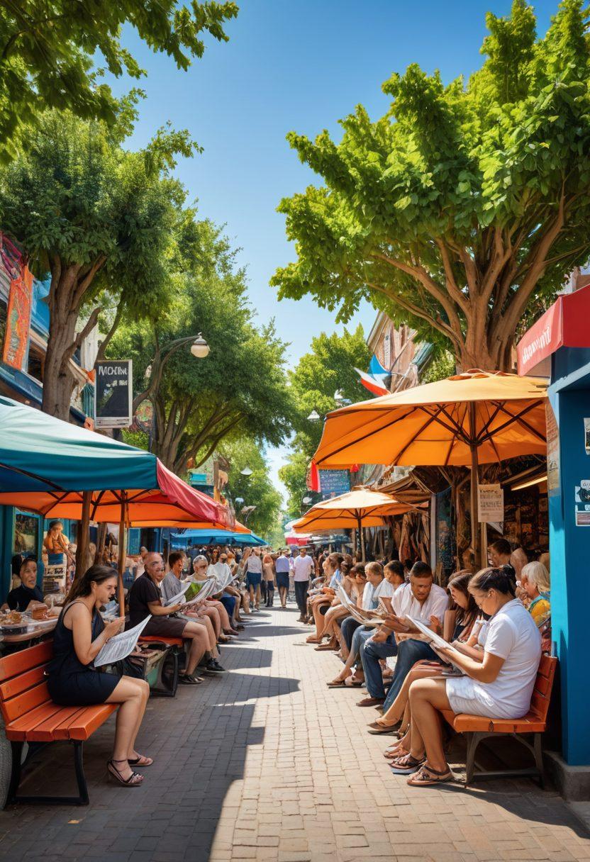 A bustling community scene showing diverse individuals engaged in activities like reading a newspaper, using smartphones, and discussing local events, surrounded by vibrant banners and street signs highlighting local happenings. The environment is lively with colorful stalls representing different cultures, tree-lined streets, and a bright blue sky. Art style should evoke a sense of connection and involvement. super-realistic. vibrant colors. wide-angle view.